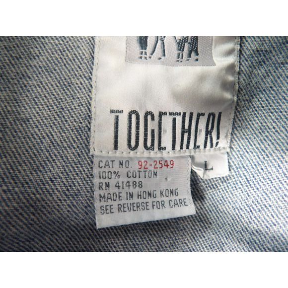 Vtg 90s Together Jean Jacket Sz Large Denim Eyelet Crochet Buttons READ - Picture 8 of 16